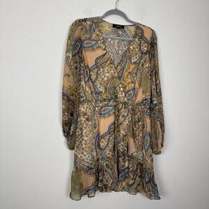 Aakaa Orange Brown Paisley V-neck Long Balloon Sleeve Chiffon Dress Size Small